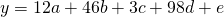 y = 12a + 46b + 3c + 98d + e